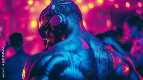 African bodybuilder without clothes listens to music on headphones. In the background are the lights of a club party. Workout playlist. Music and lifestyle.