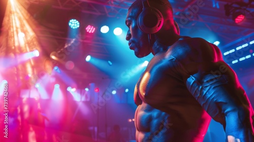 African bodybuilder without clothes listens to music on headphones. In the background are the lights of a club party. Workout playlist. Music and lifestyle.