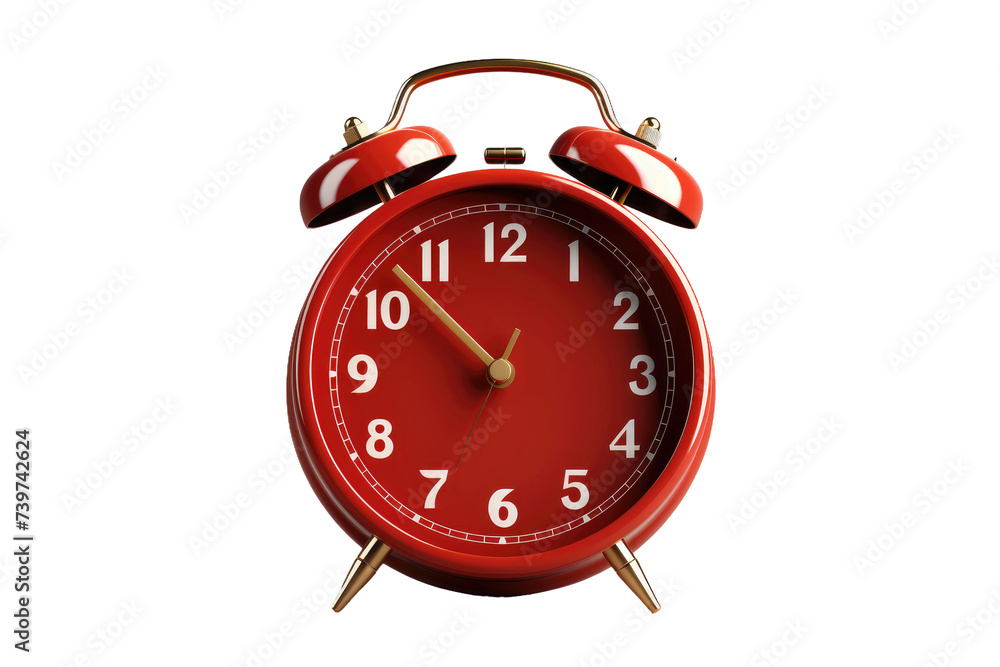 Red Alarm Clock. A red alarm clock sits on a white background, displaying the time. on a White or Clear Surface PNG Transparent Background. Red Alarm Clock. A red alarm clock sits on a white background, displaying the time. on a White or Clear Surface PNG Transparent Background.