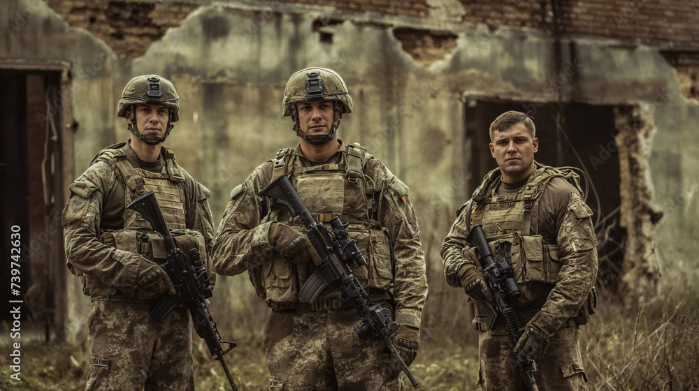 Soldiers in gear standing before a ruin. Soldiers in gear standing before a ruin.