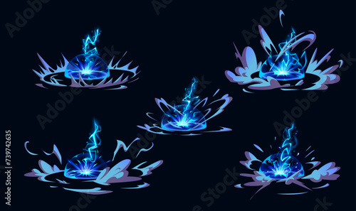 Lightning hit ground or floor with burst vfx effect. Cartoon vector illustration set of thunder bolt with flash and blue energy light. Power electric strike with ray and smoke clouds for game design. photo