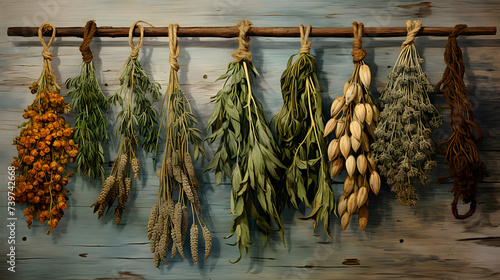 Hanging bunches of medicinal herbs and flowers. Herbal medicine. photo