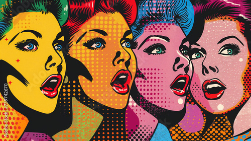 Pop art style faces with vibrant colors.