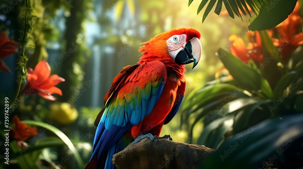 A colorful parrot perched on a tree branch surrounded by a lush tropical rainforest with greenery and orange flowers.