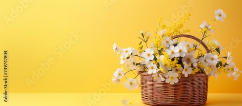 spring flowers in traditional basket on a yellow background. a basket of flowers on a yellow background