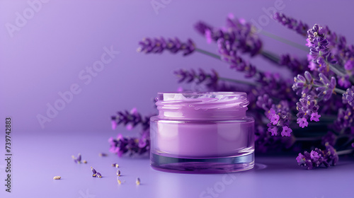Lavender mockup cream in a glass jar on a purple background, generative ai