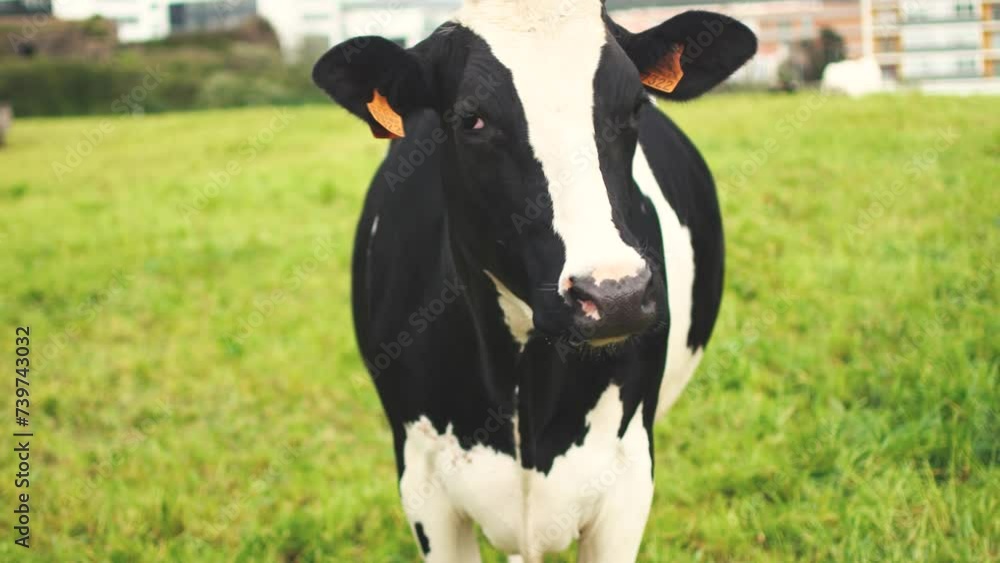 Portrait of cow graze in farmland cattle raising pastoral concept. Cow in chain. Portrait of cow graze in farmland cattle raising pastoral concept. Cow in chain.