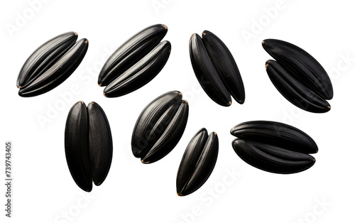A Bunch of Black Sunflower Seeds. A photo featuring a gathering of black sunflower seeds arranged neatly. on a White or Clear Surface PNG Transparent Background. photo