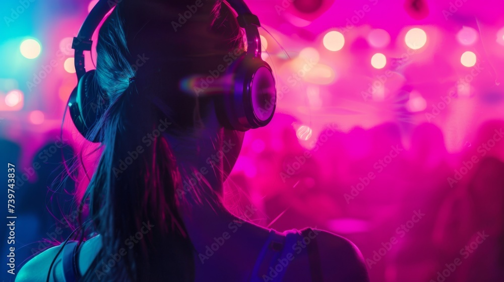 A bright multi-colored image of a woman wearing headphones in a nightclub. Modern pop music, female DJ.