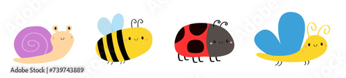 Butterfly, bee bumblebee, snail cochlea, lady bug ladybird flying insect icon set line. Cute cartoon kawaii funny baby character. Ladybug. Happy Valentines Day. Flat design. White background. photo