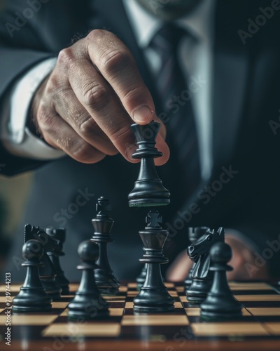 Businessman moving chess piece on chess board game