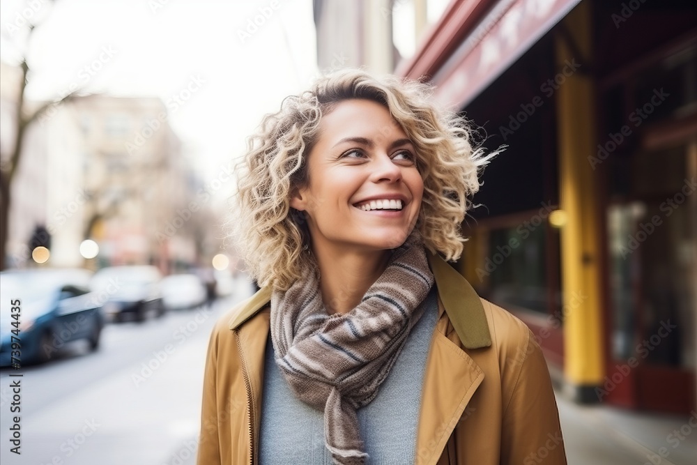 Fototapeta premium Portrait of a beautiful young woman with curly blond hair in the city.