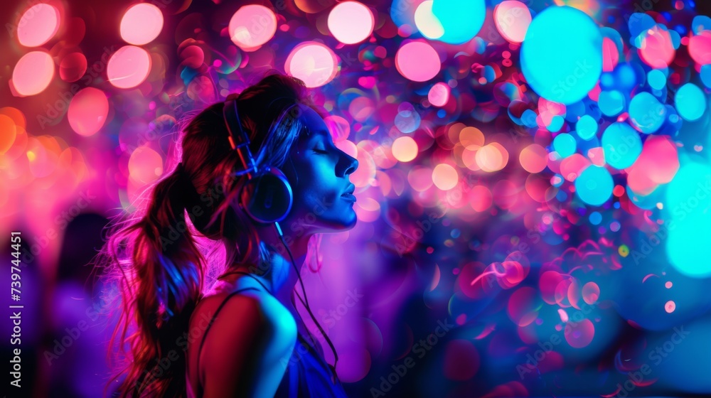 A bright multi-colored image of a woman wearing headphones in a nightclub. Modern pop music, female DJ. A bright multi-colored image of a woman wearing headphones in a nightclub. Modern pop music, female DJ.