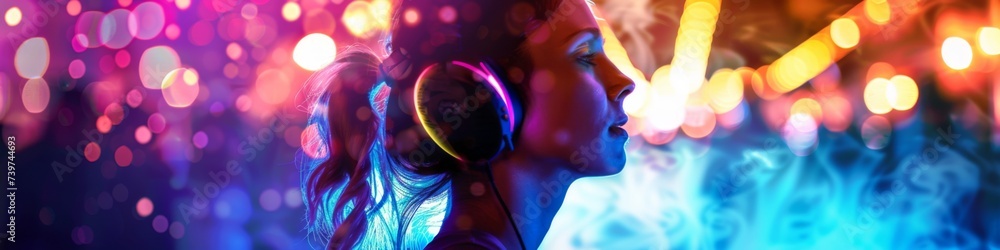 A bright multi-colored image of a woman wearing headphones in a nightclub. Modern pop music, female DJ. A bright multi-colored image of a woman wearing headphones in a nightclub. Modern pop music, female DJ.