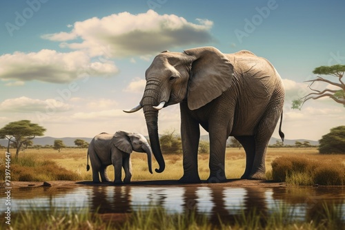 Elephant with baby elephant drinking water © Guizal