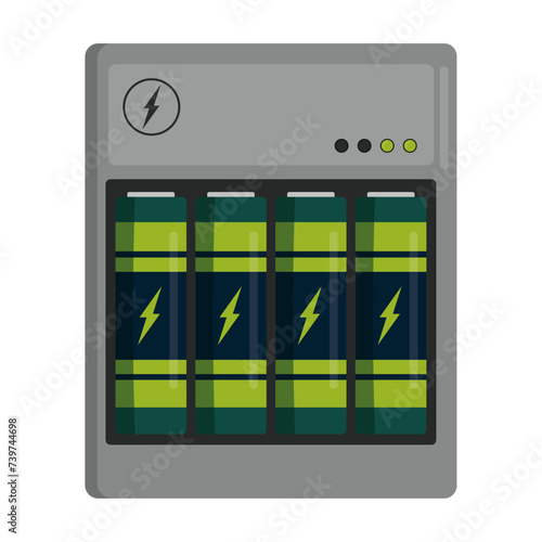 Battery charger with rechargeable batteries. Flat vector illustration, isolated on white background.