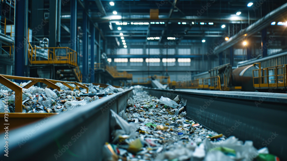 Conveyor Belt Filled With Trash at a Garbage Processing Plant