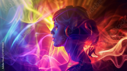 A bright multi-colored image of a woman wearing headphones in a nightclub. Modern pop music, female DJ.