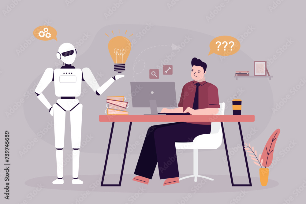 Robot giving light bulb to businessman. Man sitting with laptop at workplace. Pitching ideas, brainstorming, help of artificial intelligence concept. Robot giving light bulb to businessman. Man sitting with laptop at workplace. Pitching ideas, brainstorming, help of artificial intelligence concept.