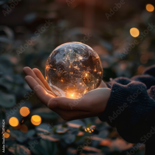 A luminous glass ball symbolizing planet Earth in human hands. Caring for the environment.