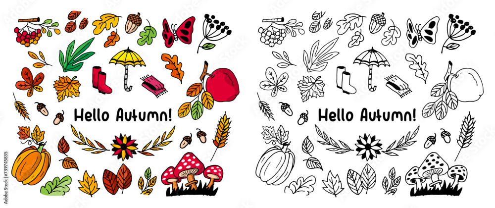 Fototapeta premium Autumn doodle vector drawing illustration. Sketchy black lines of fall season. Colorful hand drawing cartoon vector art.