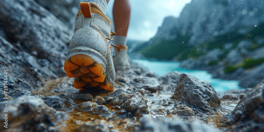Close up of a of hiker, hiking man up a mountain trail with boot one foot lifted off - obrazy, fototapety, plakaty 