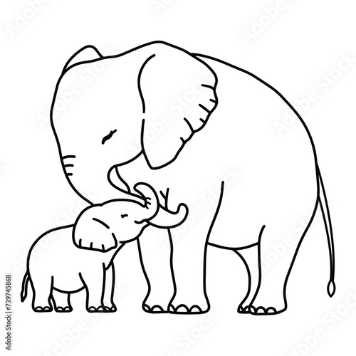 line art of baby elephant cuddles mother elephant vector
