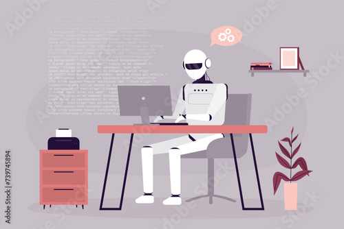 Robot cyborg with artificial intelligence sits at workplace. Bot replaced people and employees in office. Robot writes texts or program code.