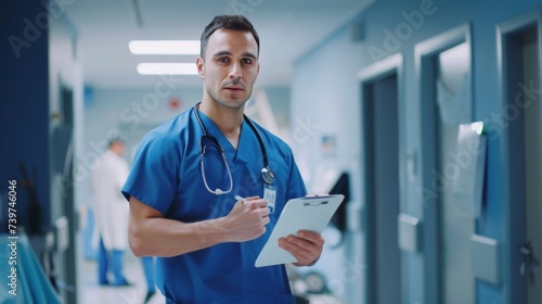 A male doctor in a blue overall looks seriously at the camera. Medicine and healthcare, bad news.