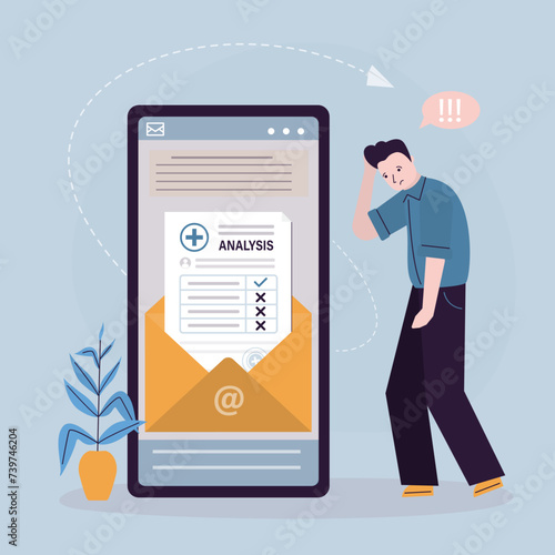 Sick man received bad medical test results by email. Confirmation of illness and poor health. Upset man looking at email on smartphone.
