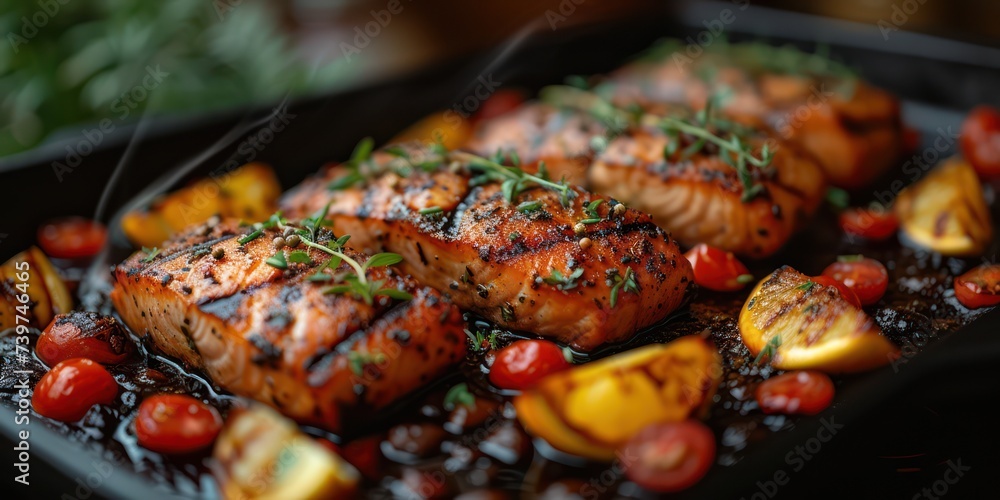Tuna Steak salmon or barbecue steak with spices in an appetizing dish prepared to serve.
