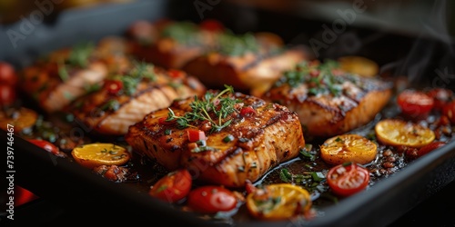 Tuna Steak salmon or barbecue steak with spices in an appetizing dish prepared to serve.