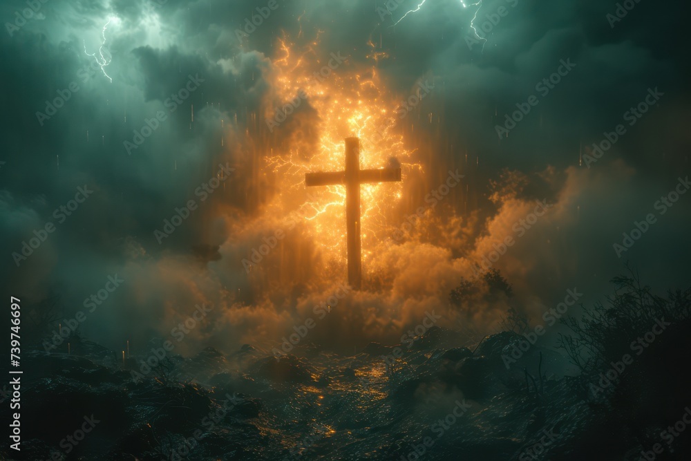 Fototapeta premium Jesus Christ on the cross, thunder lightning storm dark clouds in the background