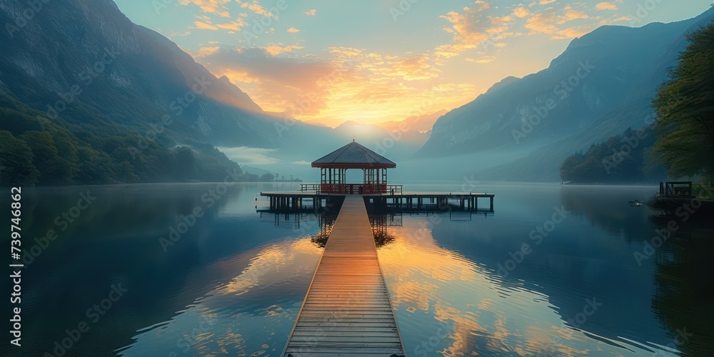 A Gazebo in the middle of a huge reflective lake in a mountain valley, sunset - obrazy, fototapety, plakaty 