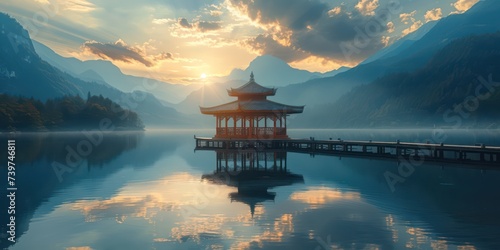 A Gazebo in the middle of a huge reflective lake in a mountain valley, sunset © Attasit