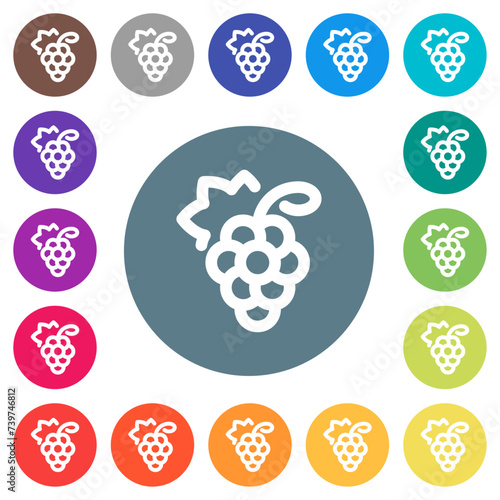 Grapes outline flat white icons on round color backgrounds