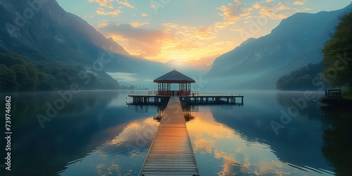 A Gazebo in the middle of a huge reflective lake in a mountain valley, sunset