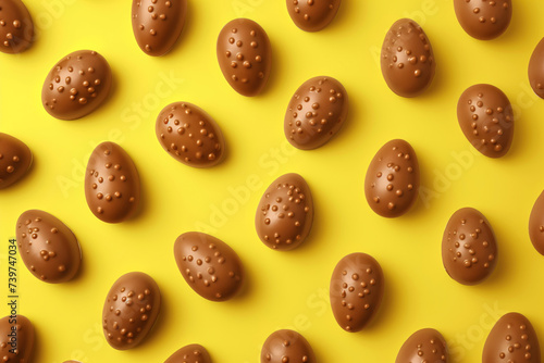 Milk chocolate Easter eggs with crunchy nibs scattered on a vivid yellow background, suggesting a festive sweet treat.