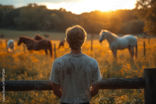 Portrait of a young man 17-year-old in the country standing with his back to us near a low fence, Behind the fence, horses roamed under the soft sunlight photo