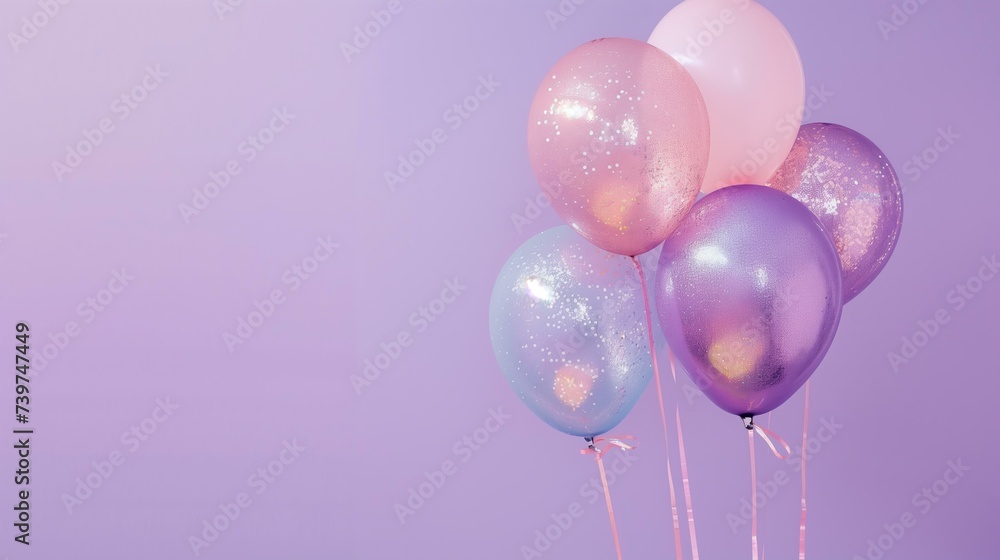 festive card with holographic glitter foil balloons on a pastel purple background
