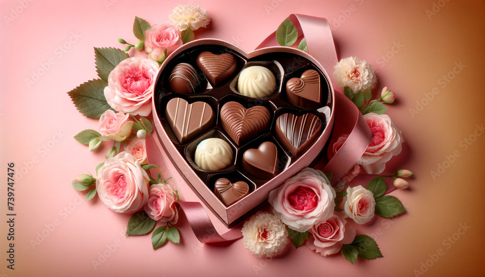 heart shaped box with flowers, heart-shaped box of chocolates and an assortment of flowers on a pink background
heart shaped box with flowers, heart-shaped box of chocolates and an assortment of flowers on a pink background
