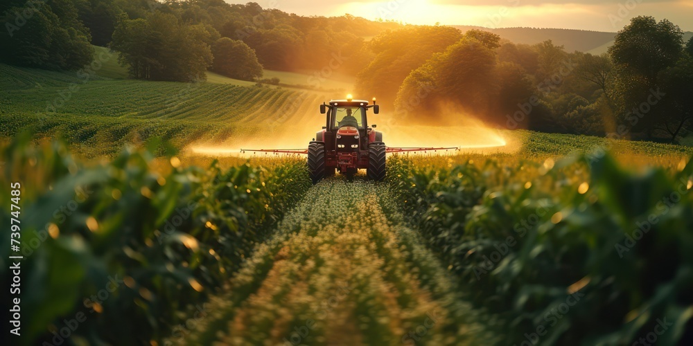 Tractor spraying pesticides in green corns field during springtime Tractor spraying pesticides in green corns field during springtime