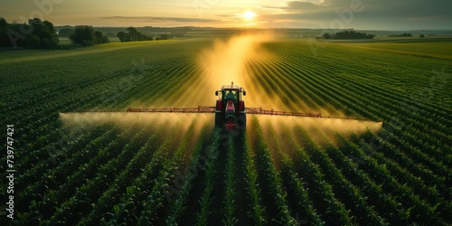 Tractor spraying pesticides in green corns field during springtime