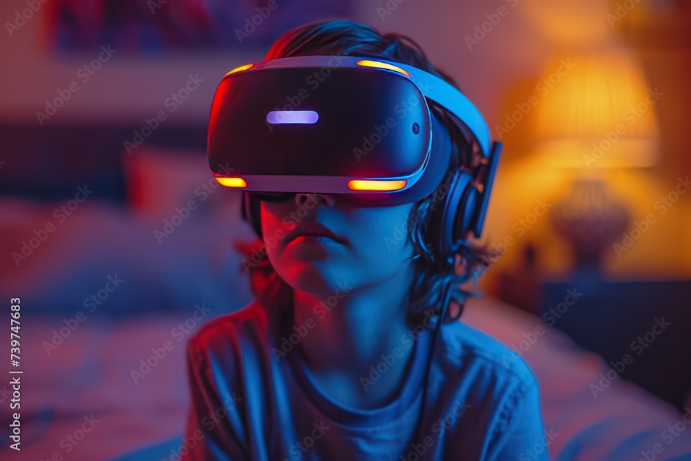 Young cute boy in VR headset plays augmented reality online video games using wireless controllers, spends leisure time in bedroom in the evening Young cute boy in VR headset plays augmented reality online video games using wireless controllers, spends leisure time in bedroom in the evening