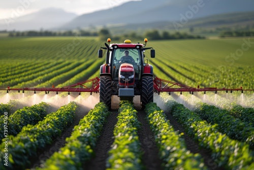 Tractor spraying pesticides in soybean field during springtime