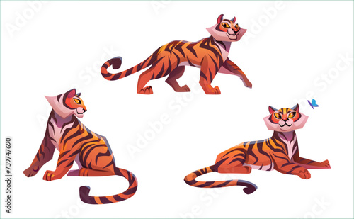 Young tiger cartoon character in different poses with face emotions. Vector illustration set of wild animal with orange fur with black stripes standing, sitting and lying looking to butterfly.