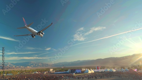 Airplane flies over colorful Coachella festival in desert, people enjoy music. Airplane's shadow crosses vibrant festival stages, desert alive with music.