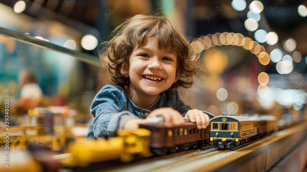 A child plays with a toy railway. A child plays with a toy railway.