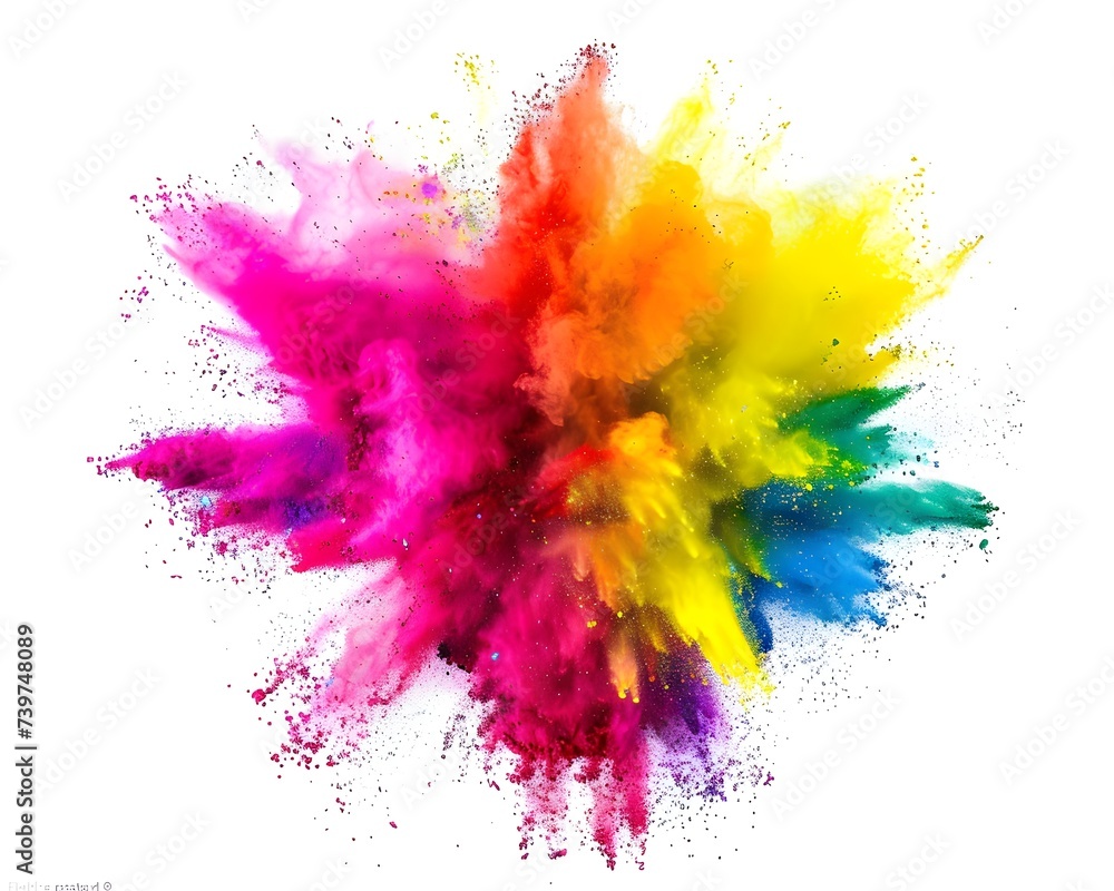 A central explosion of multicolored rainbow paint on a white background