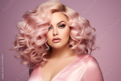 Beautiful plus size woman with wavy strawberry blond hair in fornt of pink background